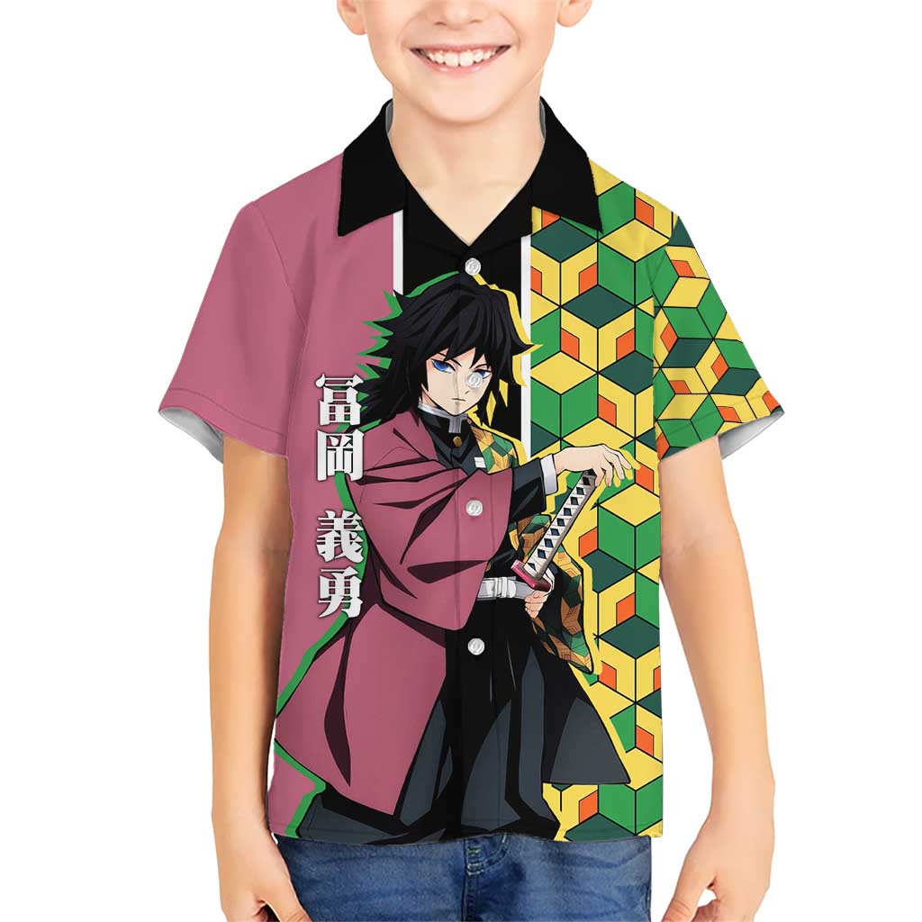 Giyu Tomioka from Demon Slayer Kid Hawaiian Shirt with Geometric Pattern Sleeve and Pink and Black Manga Panel Design - The Mazicc