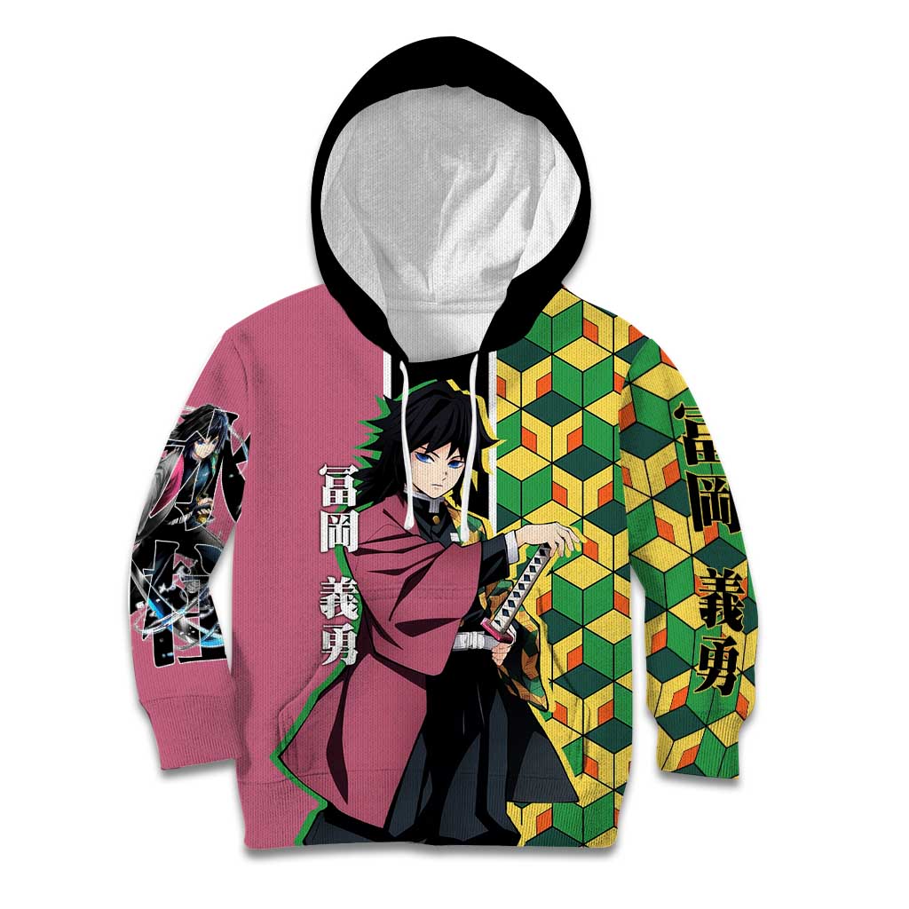 Giyu Tomioka from Demon Slayer Kid Hoodie with Geometric Pattern Sleeve and Pink and Black Manga Panel Design - The Mazicc