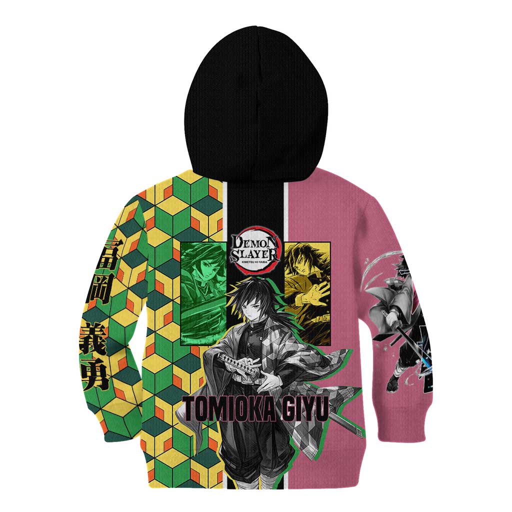 Giyu Tomioka from Demon Slayer Kid Hoodie with Geometric Pattern Sleeve and Pink and Black Manga Panel Design - The Mazicc