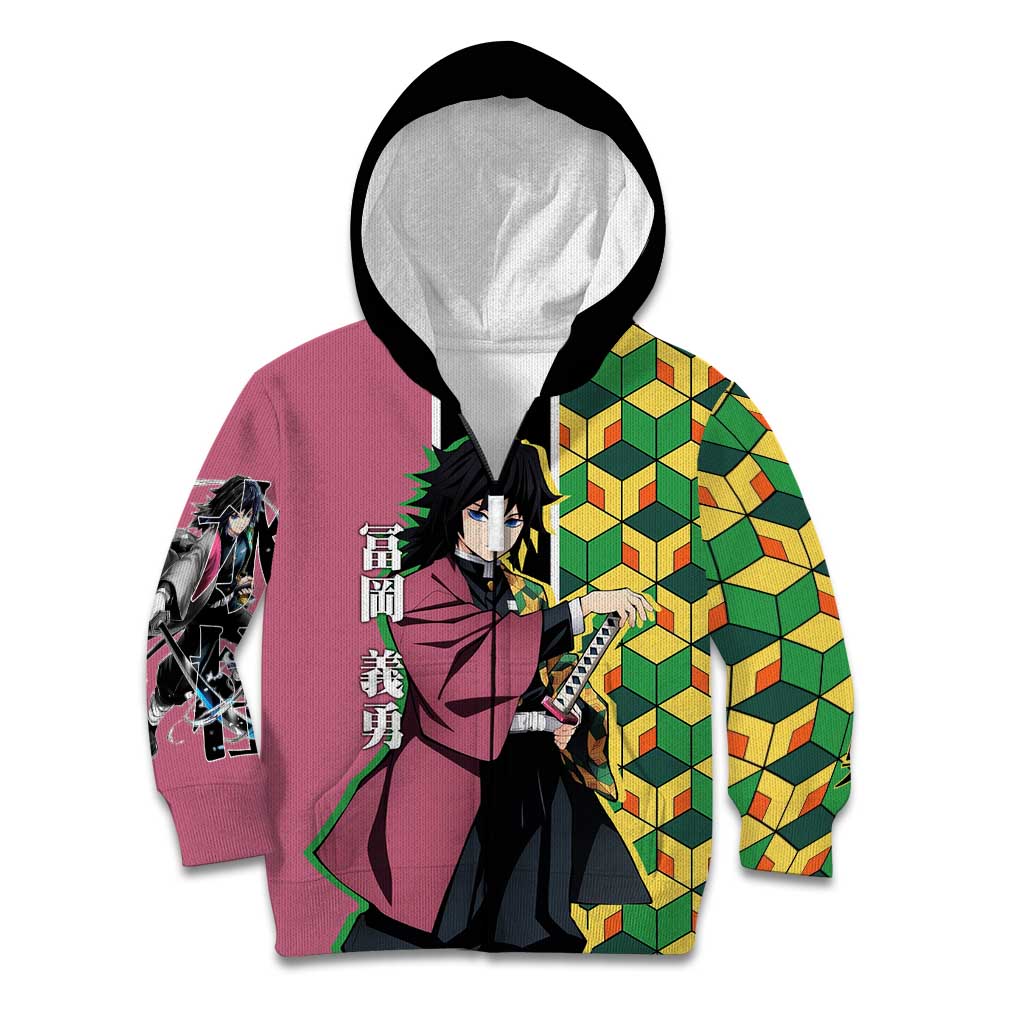 Giyu Tomioka from Demon Slayer Kid Hoodie with Geometric Pattern Sleeve and Pink and Black Manga Panel Design - The Mazicc