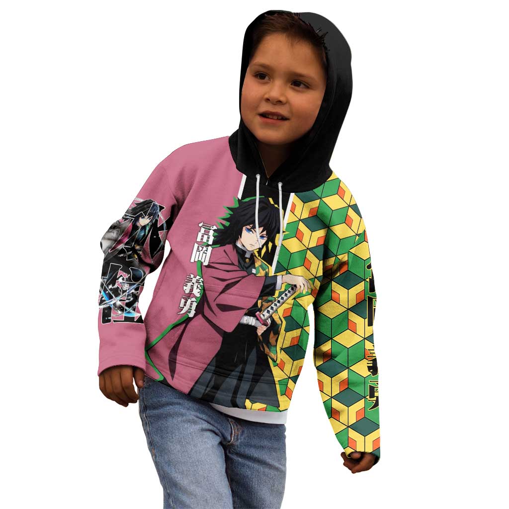 Giyu Tomioka from Demon Slayer Kid Hoodie with Geometric Pattern Sleeve and Pink and Black Manga Panel Design - The Mazicc