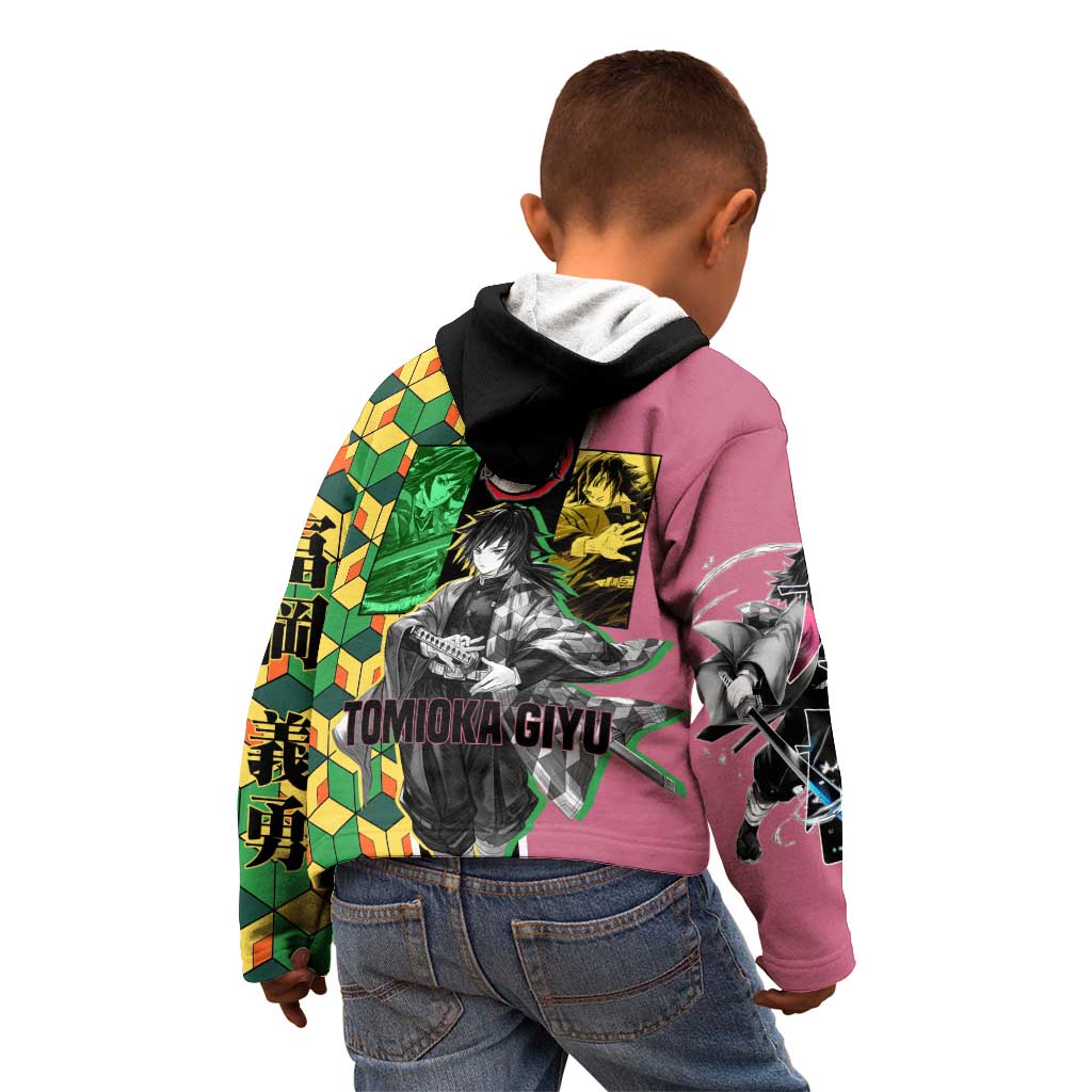 Giyu Tomioka from Demon Slayer Kid Hoodie with Geometric Pattern Sleeve and Pink and Black Manga Panel Design - The Mazicc