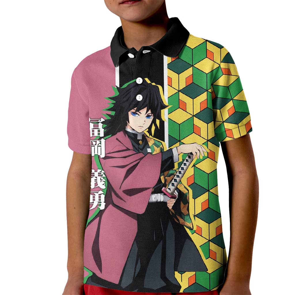 Giyu Tomioka from Demon Slayer Kid Polo Shirt with Geometric Pattern Sleeve and Pink and Black Manga Panel Design - The Mazicc
