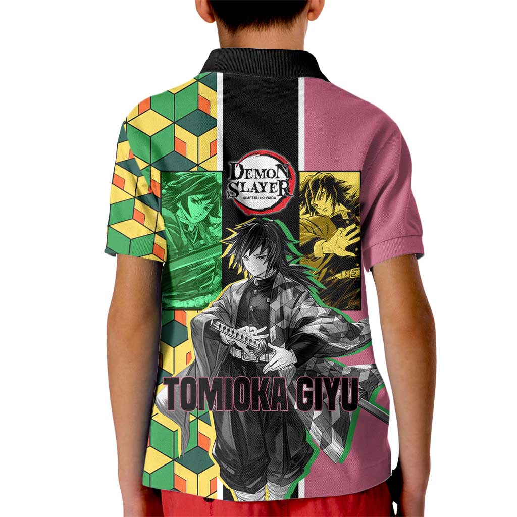 Giyu Tomioka from Demon Slayer Kid Polo Shirt with Geometric Pattern Sleeve and Pink and Black Manga Panel Design - The Mazicc