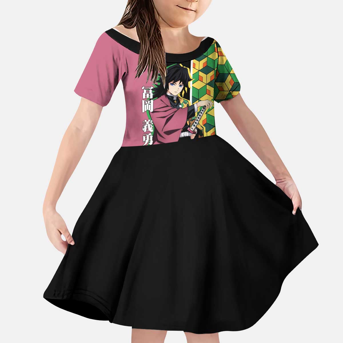 Giyu Tomioka from Demon Slayer Kid Short Sleeve Dress with Geometric Pattern Sleeve and Pink and Black Manga Panel Design - The Mazicc
