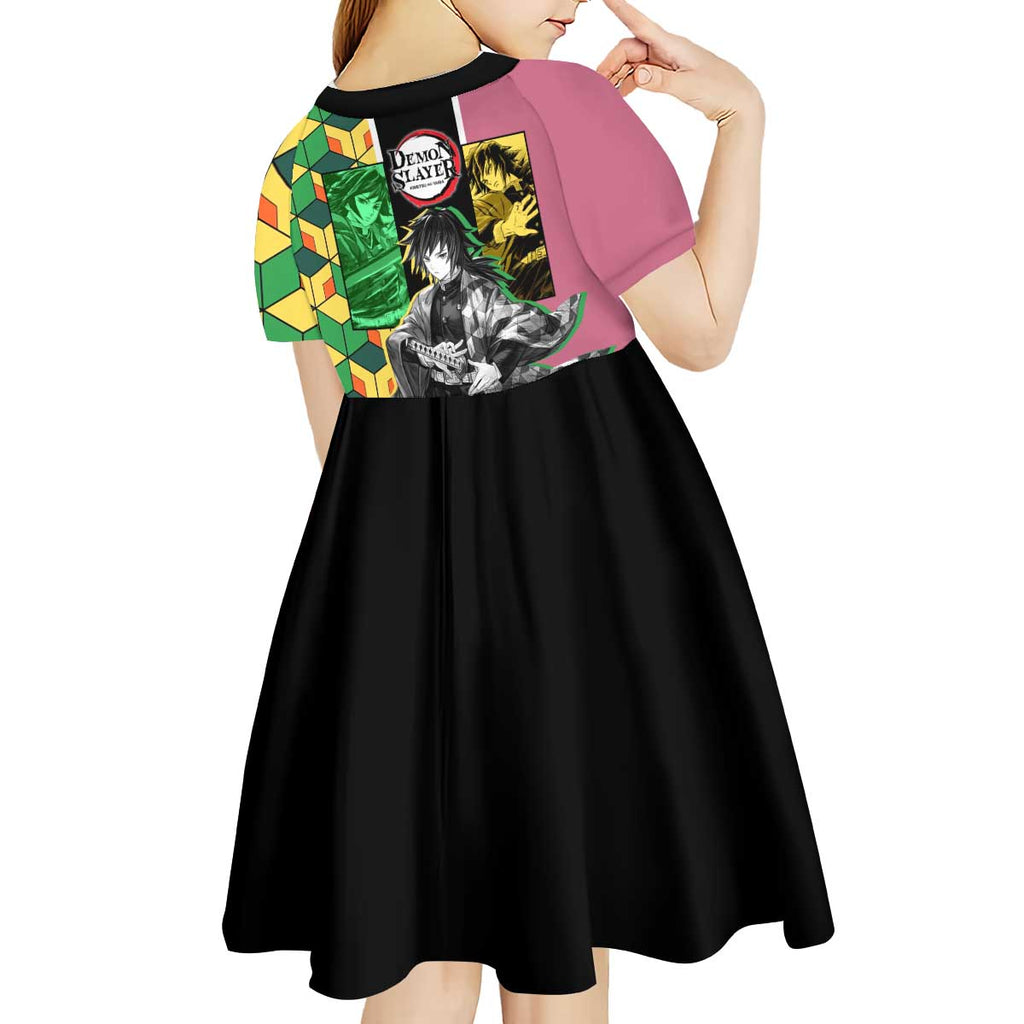 Giyu Tomioka from Demon Slayer Kid Short Sleeve Dress with Geometric Pattern Sleeve and Pink and Black Manga Panel Design - The Mazicc