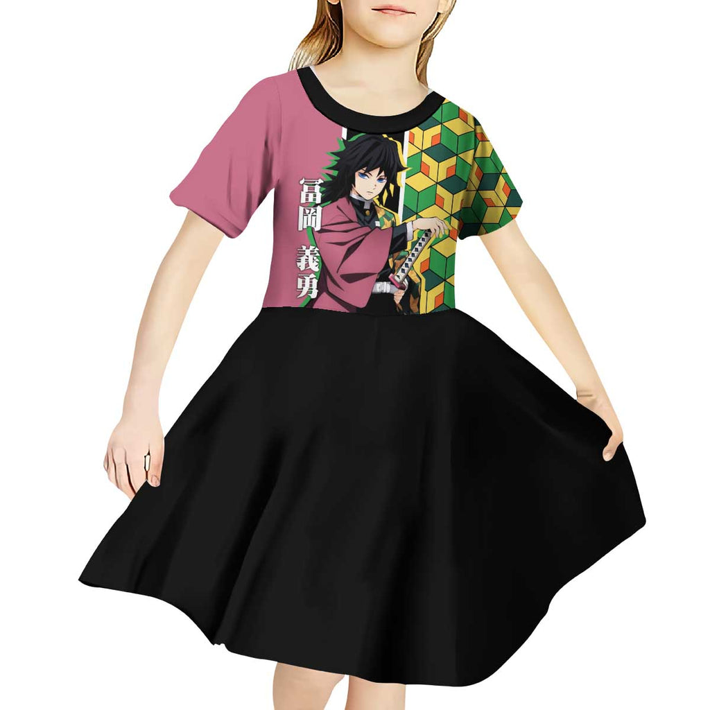 Giyu Tomioka from Demon Slayer Kid Short Sleeve Dress with Geometric Pattern Sleeve and Pink and Black Manga Panel Design - The Mazicc