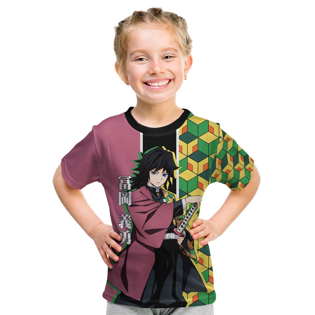 Giyu Tomioka from Demon Slayer Kid T Shirt with Geometric Pattern Sleeve and Pink and Black Manga Panel Design - The Mazicc