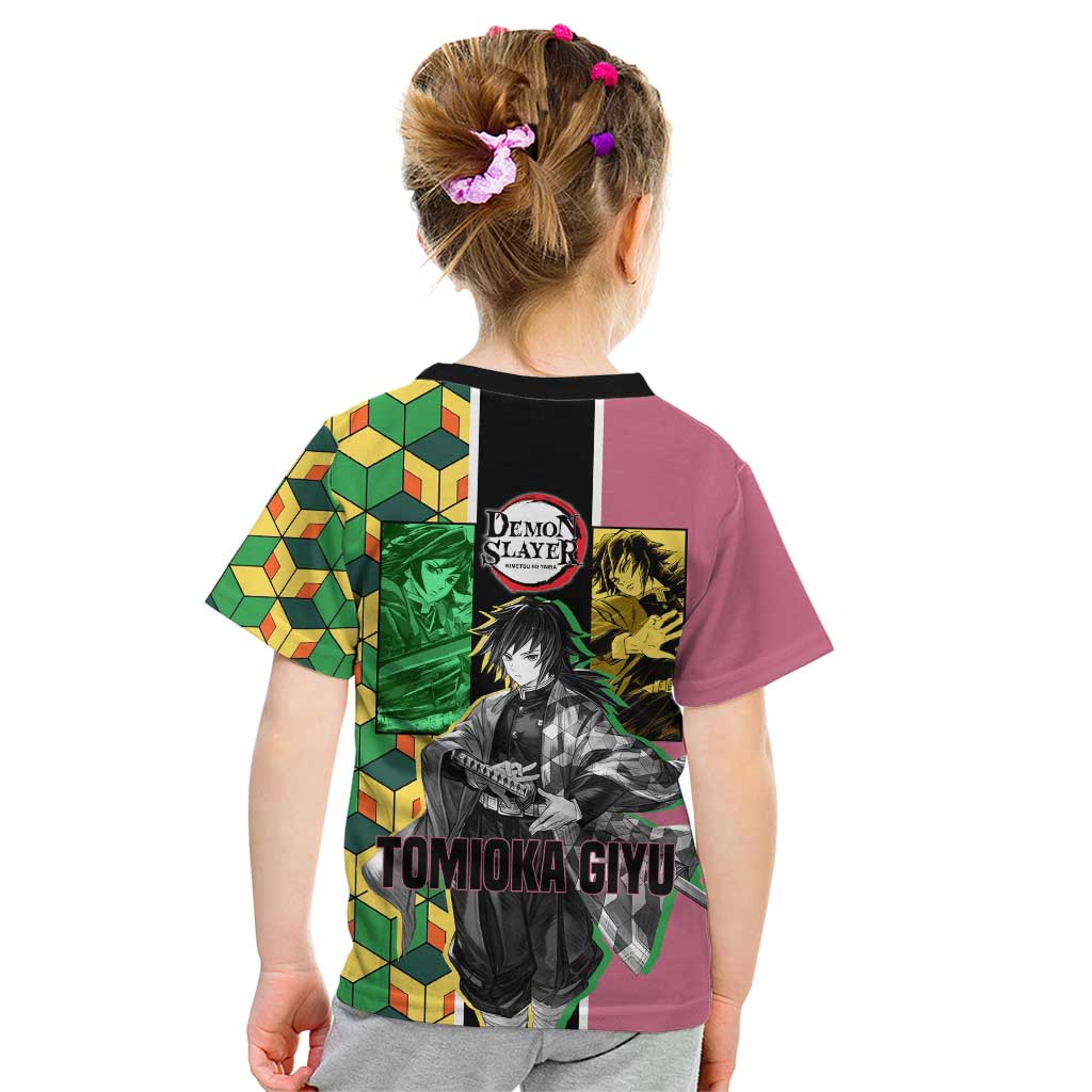 Giyu Tomioka from Demon Slayer Kid T Shirt with Geometric Pattern Sleeve and Pink and Black Manga Panel Design - The Mazicc