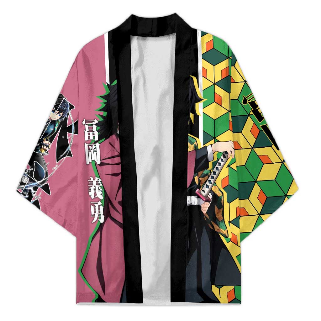 Giyu Tomioka from Demon Slayer Kimono with Geometric Pattern Sleeve and Pink and Black Manga Panel Design - The Mazicc