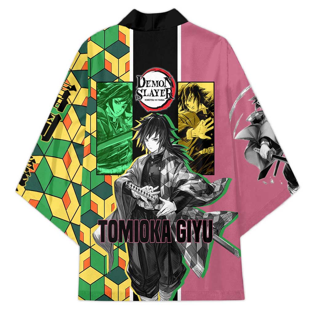 Giyu Tomioka from Demon Slayer Kimono with Geometric Pattern Sleeve and Pink and Black Manga Panel Design - The Mazicc
