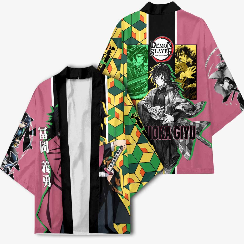 Giyu Tomioka from Demon Slayer Kimono with Geometric Pattern Sleeve and Pink and Black Manga Panel Design - The Mazicc