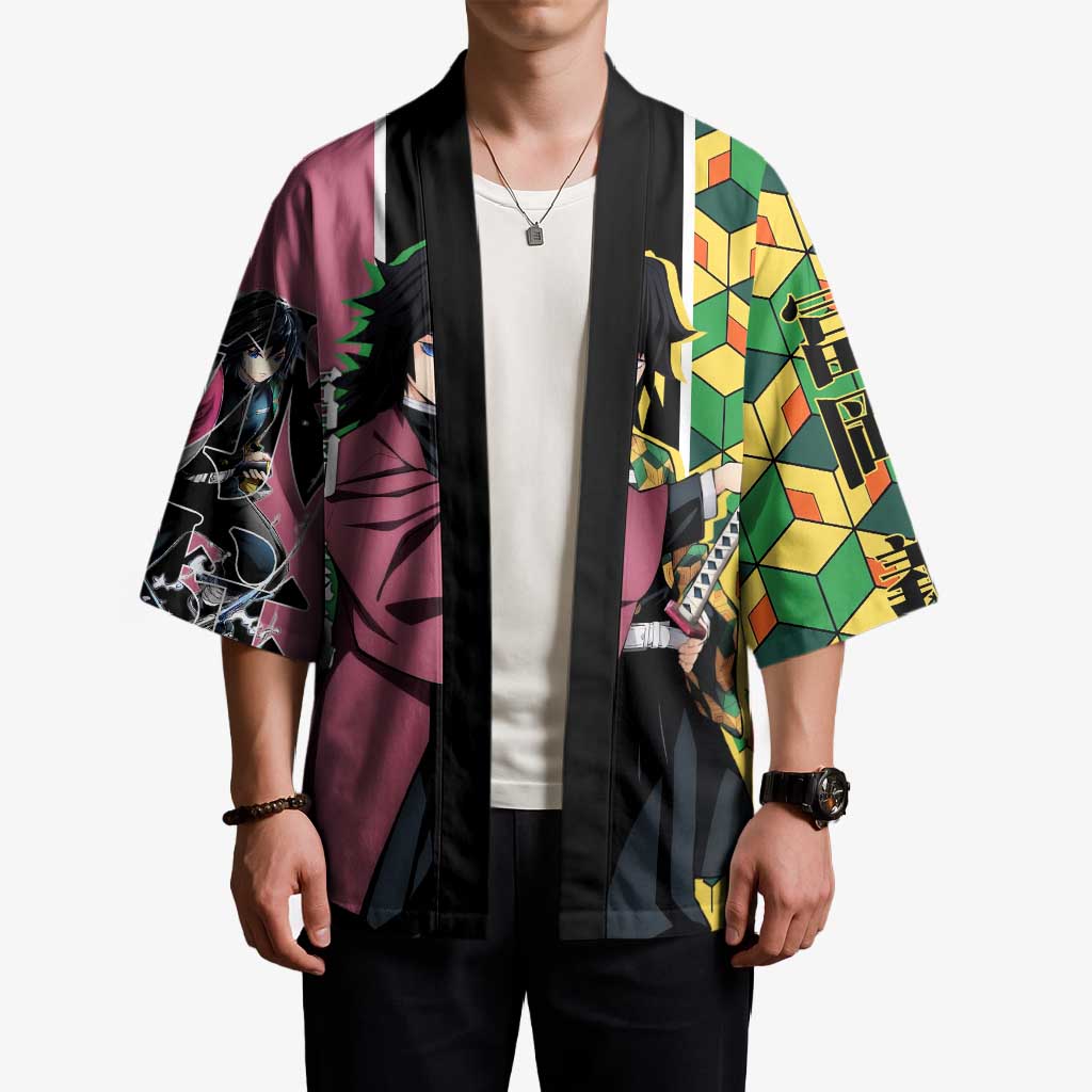 Giyu Tomioka from Demon Slayer Kimono with Geometric Pattern Sleeve and Pink and Black Manga Panel Design - The Mazicc