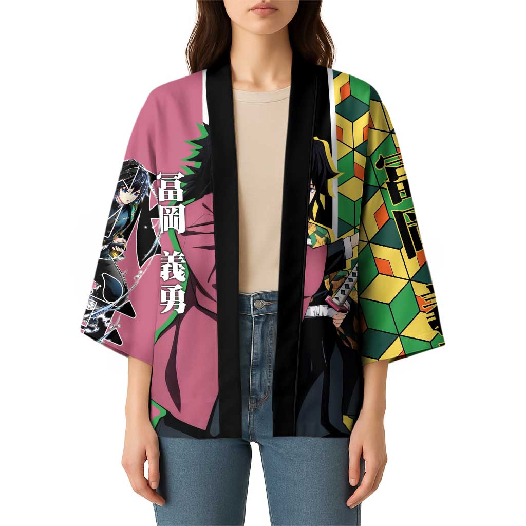 Giyu Tomioka from Demon Slayer Kimono with Geometric Pattern Sleeve and Pink and Black Manga Panel Design - The Mazicc
