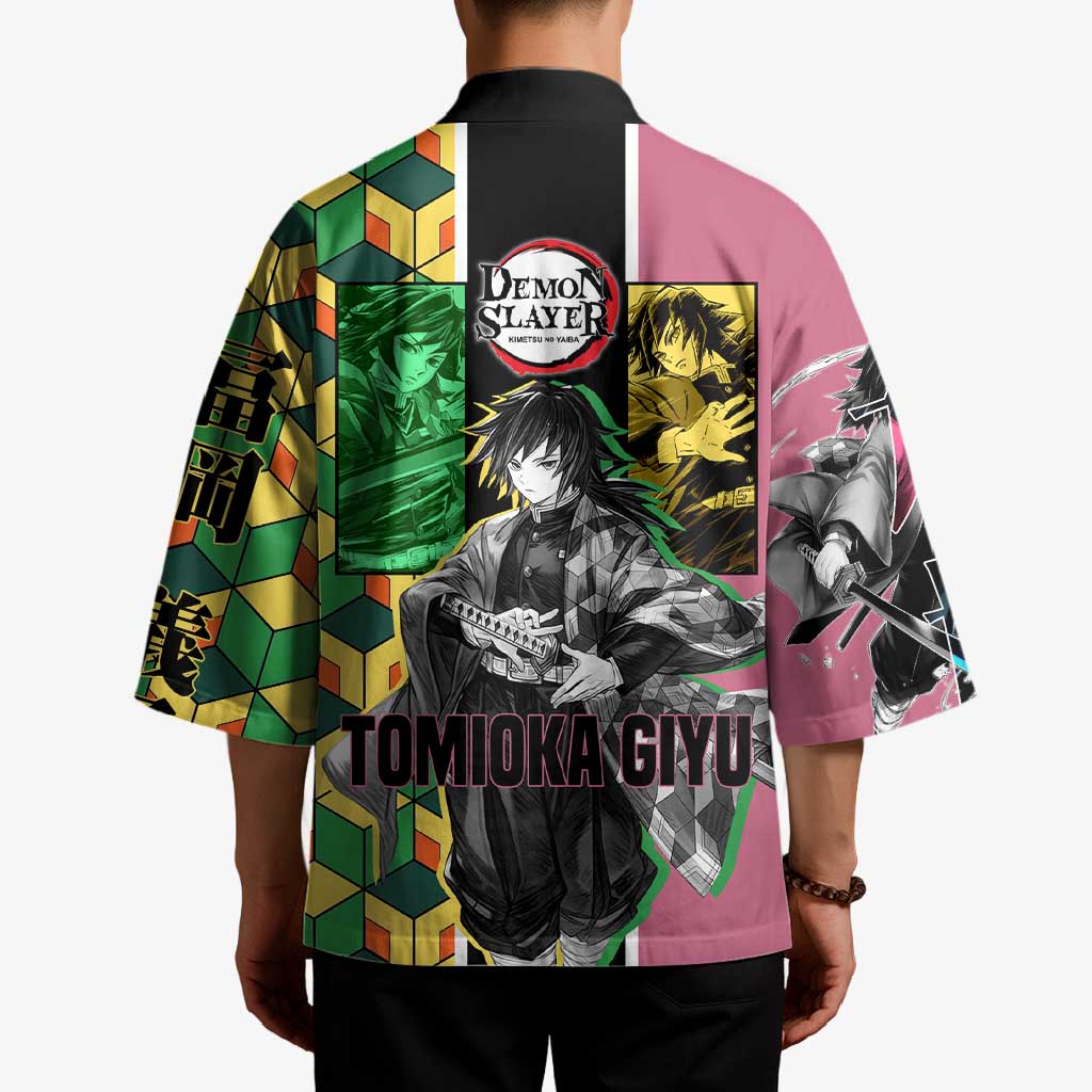 Giyu Tomioka from Demon Slayer Kimono with Geometric Pattern Sleeve and Pink and Black Manga Panel Design - The Mazicc