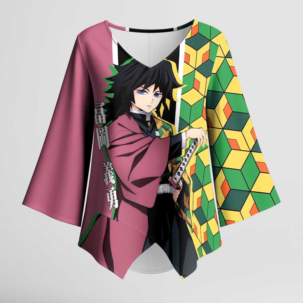Giyu Tomioka from Demon Slayer Kimono Sleeve Blouse with Geometric Pattern Sleeve and Pink and Black Manga Panel Design - The Mazicc
