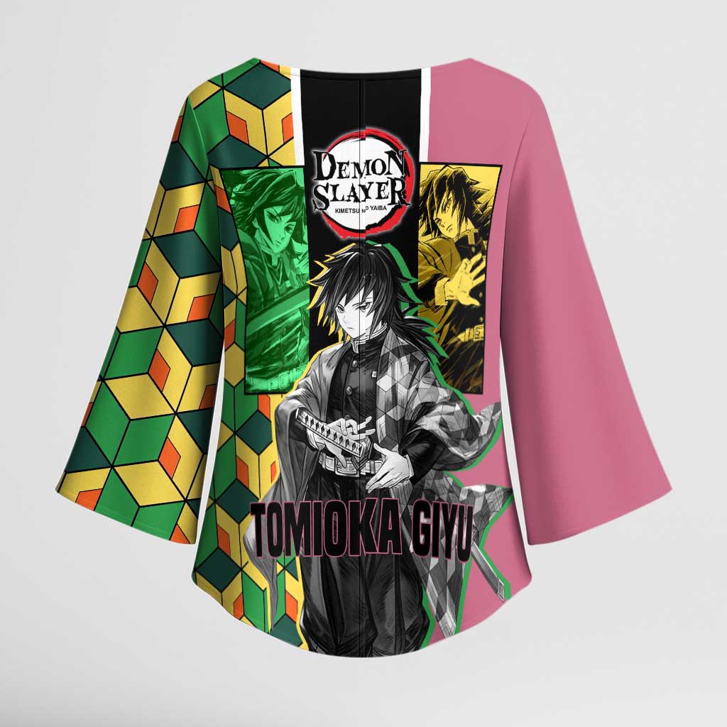 Giyu Tomioka from Demon Slayer Kimono Sleeve Blouse with Geometric Pattern Sleeve and Pink and Black Manga Panel Design - The Mazicc