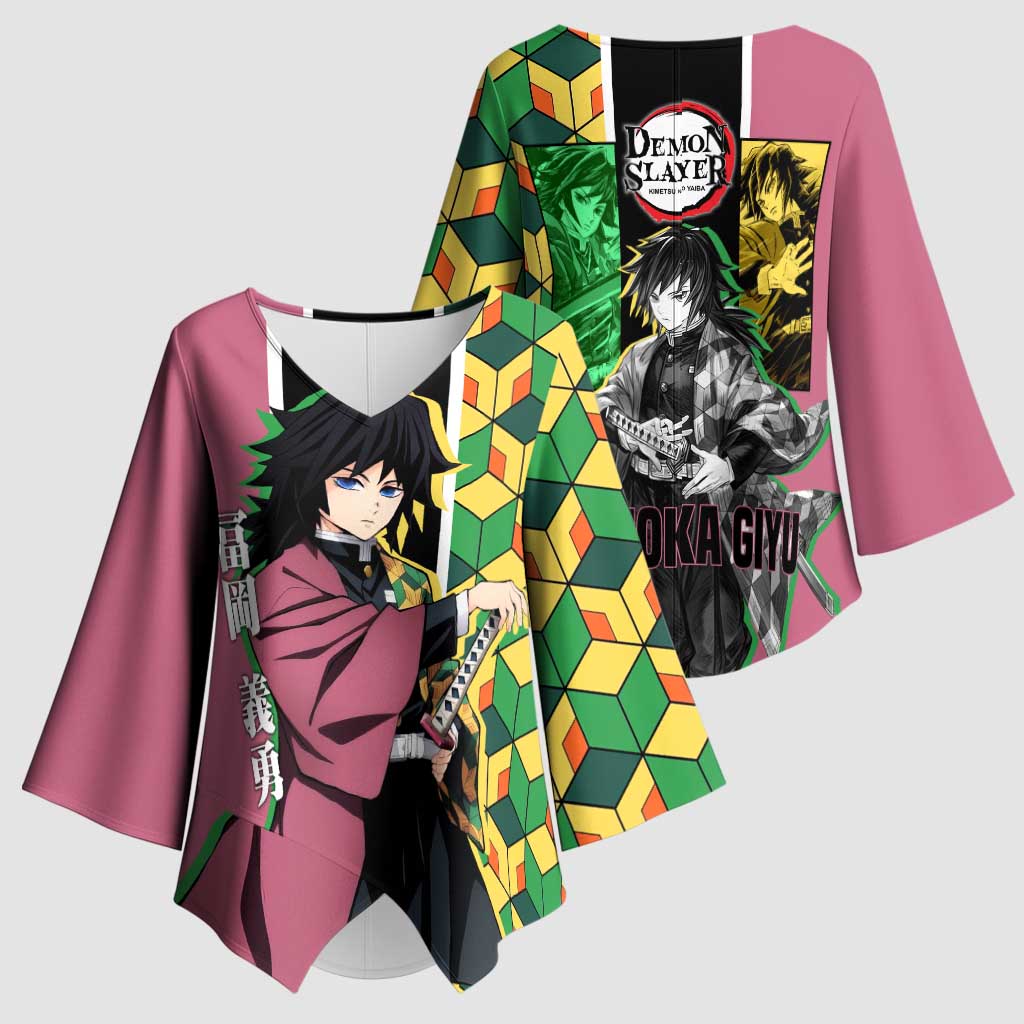 Giyu Tomioka from Demon Slayer Kimono Sleeve Blouse with Geometric Pattern Sleeve and Pink and Black Manga Panel Design - The Mazicc