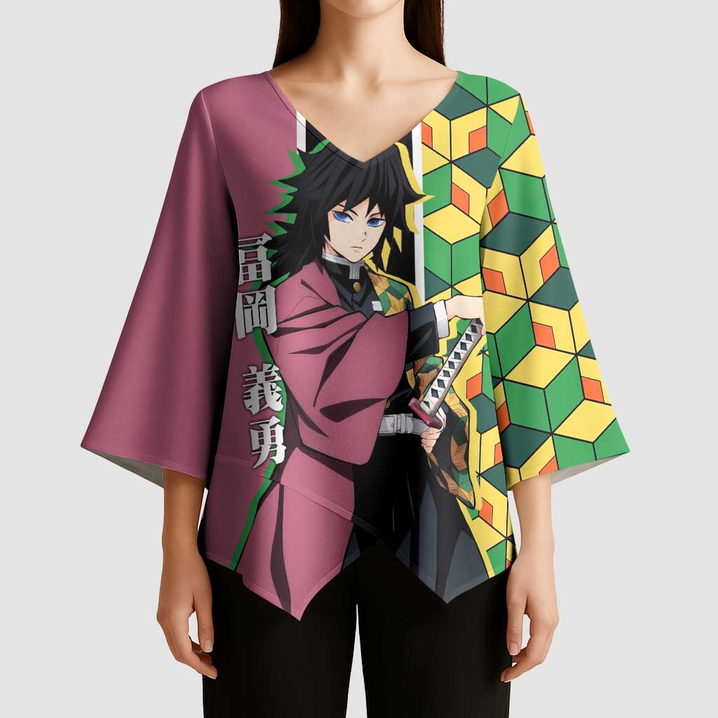 Giyu Tomioka from Demon Slayer Kimono Sleeve Blouse with Geometric Pattern Sleeve and Pink and Black Manga Panel Design - The Mazicc