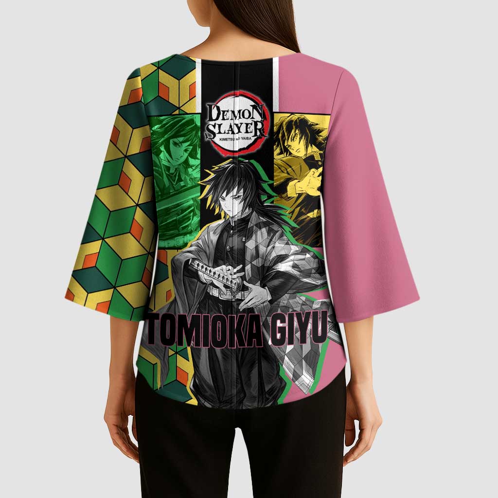 Giyu Tomioka from Demon Slayer Kimono Sleeve Blouse with Geometric Pattern Sleeve and Pink and Black Manga Panel Design - The Mazicc