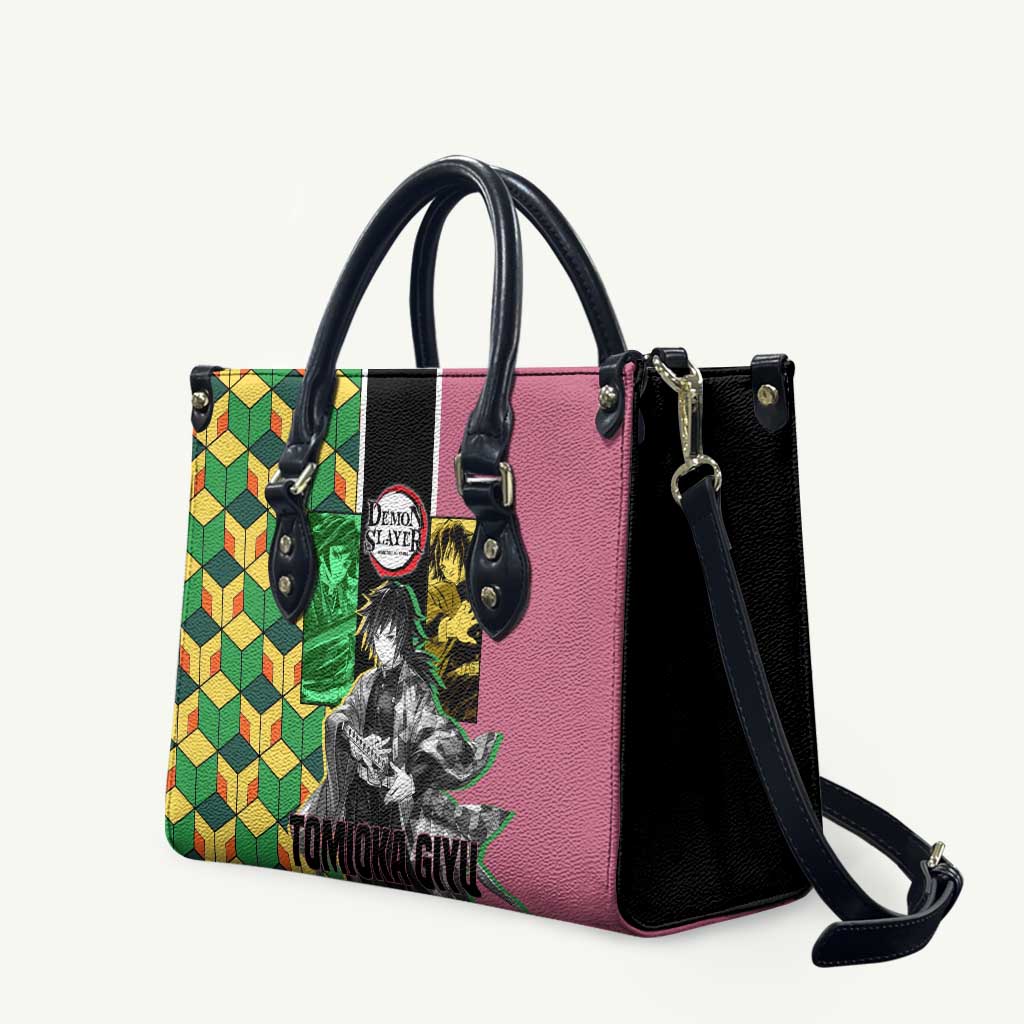 Giyu Tomioka from Demon Slayer Leather Bag with Geometric Pattern Sleeve and Pink and Black Manga Panel Design - The Mazicc