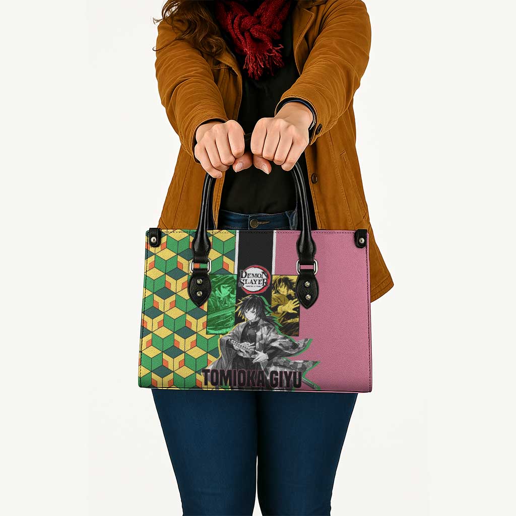 Giyu Tomioka from Demon Slayer Leather Bag with Geometric Pattern Sleeve and Pink and Black Manga Panel Design - The Mazicc