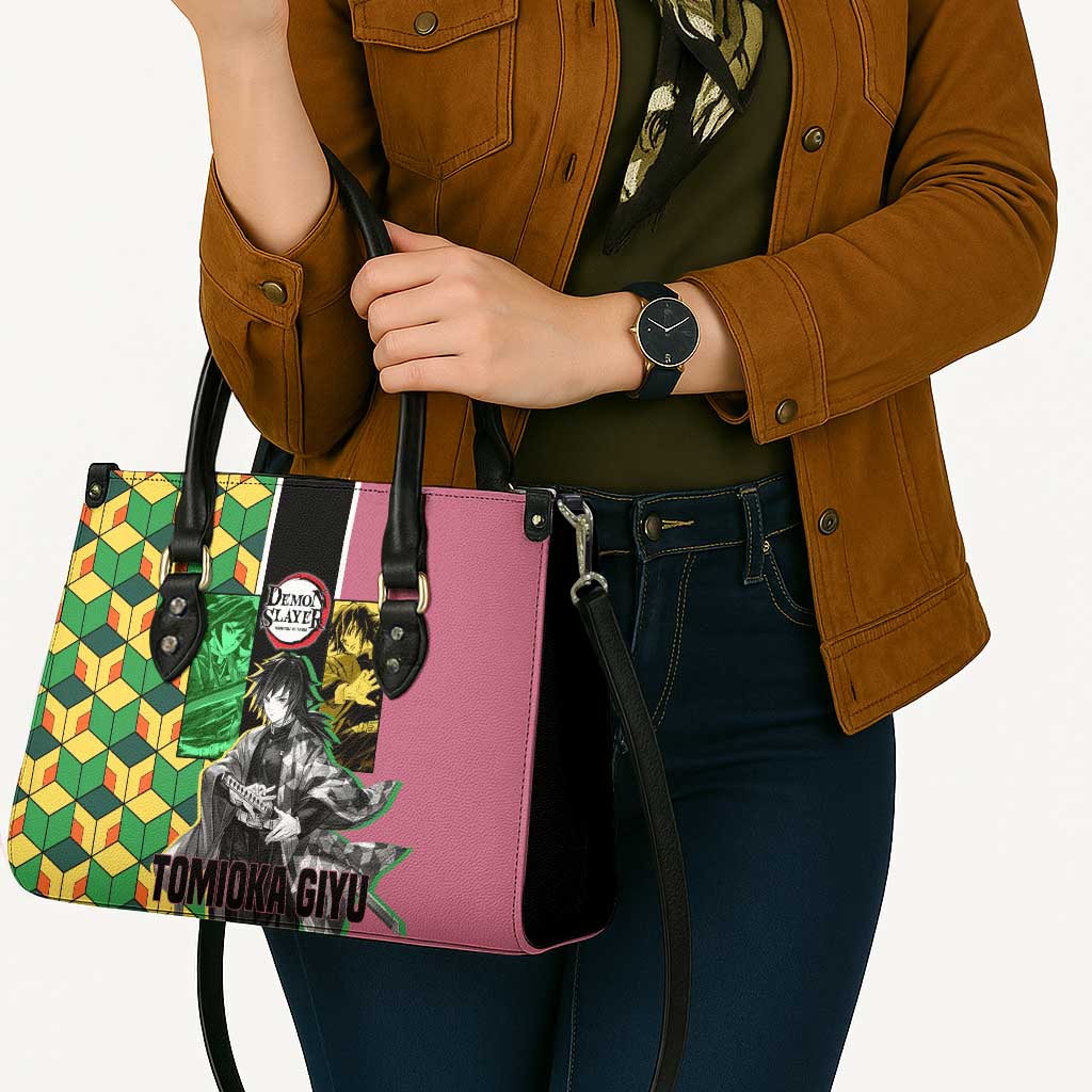 Giyu Tomioka from Demon Slayer Leather Bag with Geometric Pattern Sleeve and Pink and Black Manga Panel Design - The Mazicc