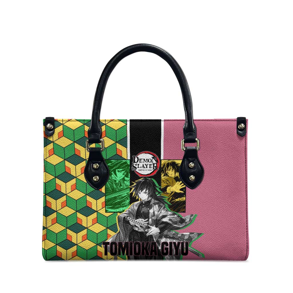 Giyu Tomioka from Demon Slayer Leather Bag with Geometric Pattern Sleeve and Pink and Black Manga Panel Design - The Mazicc