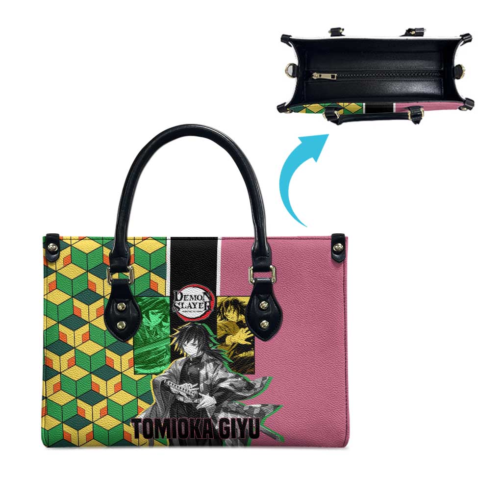 Giyu Tomioka from Demon Slayer Leather Bag with Geometric Pattern Sleeve and Pink and Black Manga Panel Design - The Mazicc