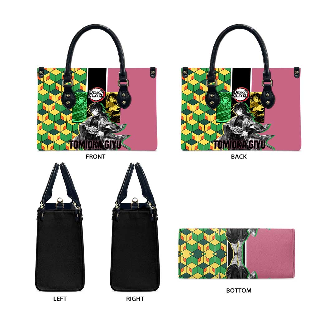 Giyu Tomioka from Demon Slayer Leather Bag with Geometric Pattern Sleeve and Pink and Black Manga Panel Design - The Mazicc
