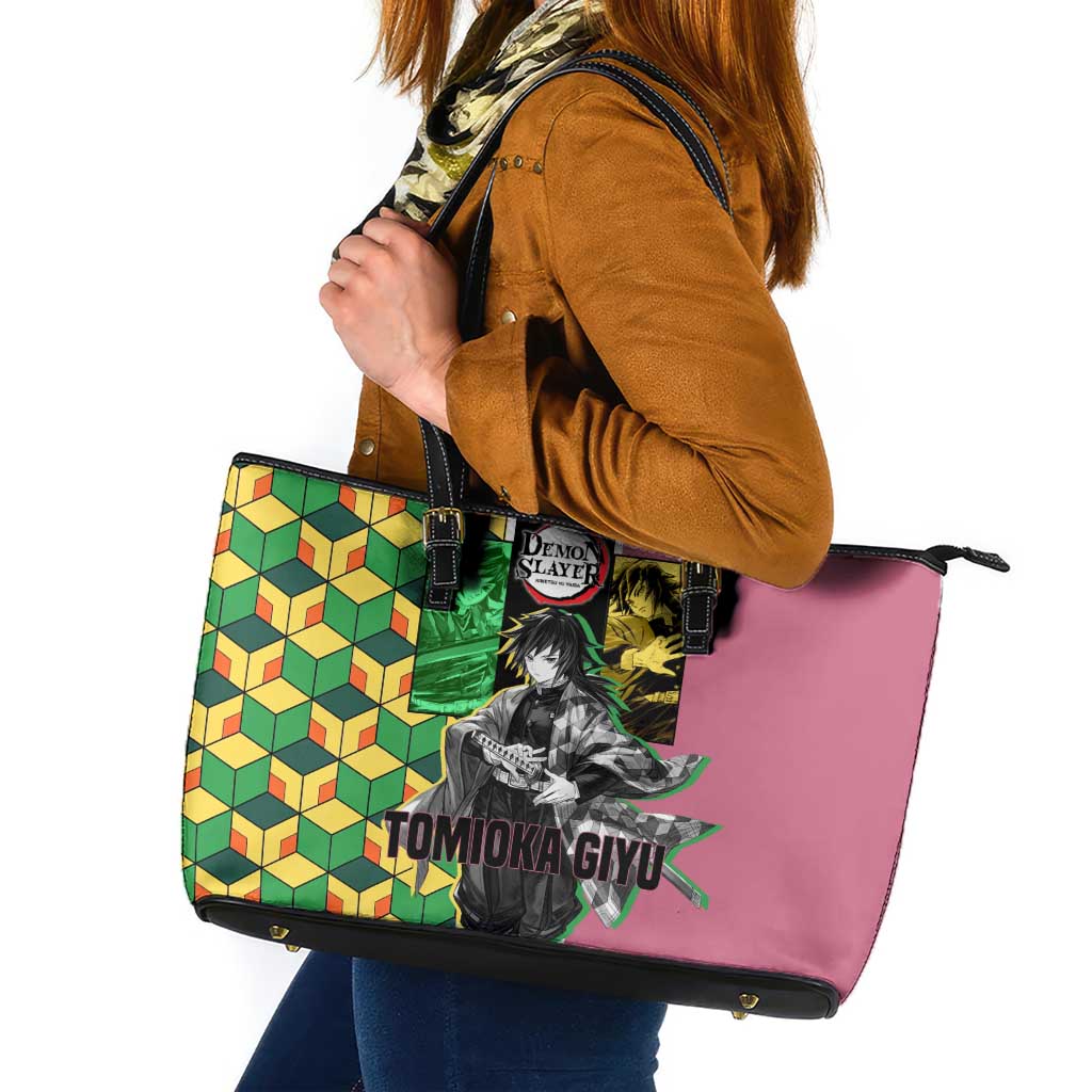 Giyu Tomioka from Demon Slayer Leather Tote Bag with Geometric Pattern Sleeve and Pink and Black Manga Panel Design - The Mazicc