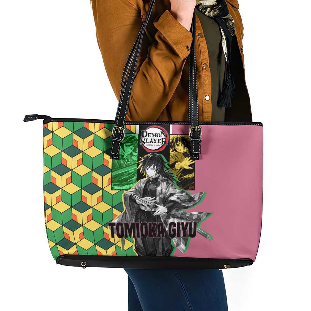 Giyu Tomioka from Demon Slayer Leather Tote Bag with Geometric Pattern Sleeve and Pink and Black Manga Panel Design - The Mazicc