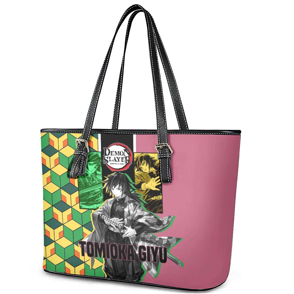 Giyu Tomioka from Demon Slayer Leather Tote Bag with Geometric Pattern Sleeve and Pink and Black Manga Panel Design - The Mazicc