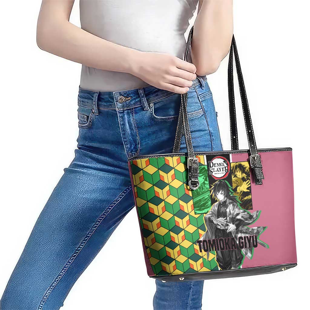 Giyu Tomioka from Demon Slayer Leather Tote Bag with Geometric Pattern Sleeve and Pink and Black Manga Panel Design - The Mazicc