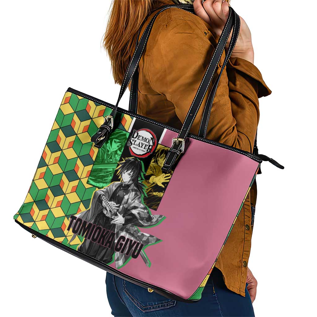 Giyu Tomioka from Demon Slayer Leather Tote Bag with Geometric Pattern Sleeve and Pink and Black Manga Panel Design - The Mazicc