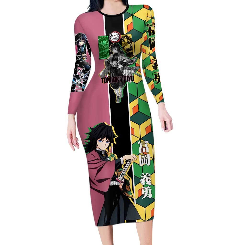 Giyu Tomioka from Demon Slayer Long Sleeve Bodycon Dress with Geometric Pattern Sleeve and Pink and Black Manga Panel Design - The Mazicc