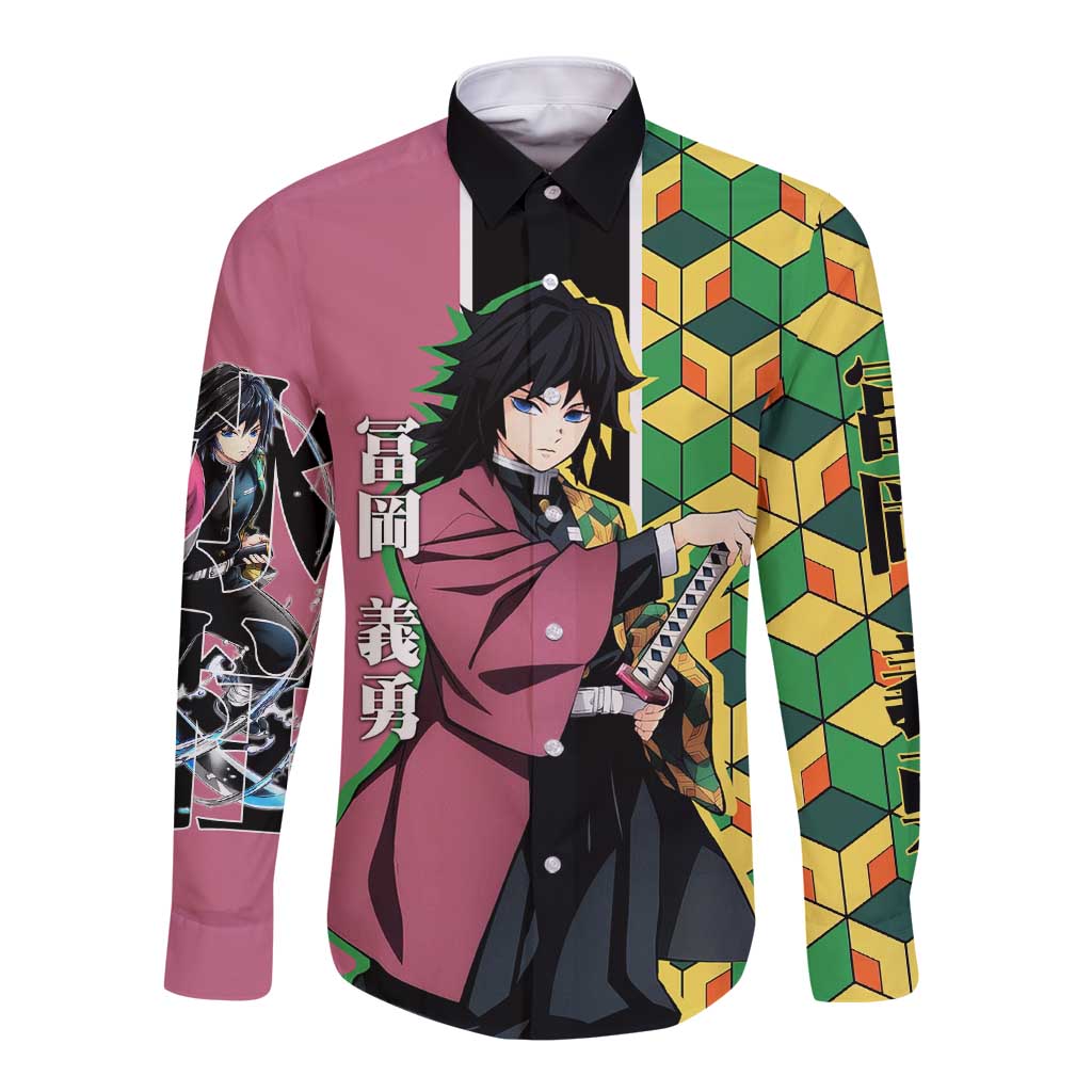 Giyu Tomioka from Demon Slayer Long Sleeve Button Shirt with Geometric Pattern Sleeve and Pink and Black Manga Panel Design - The Mazicc