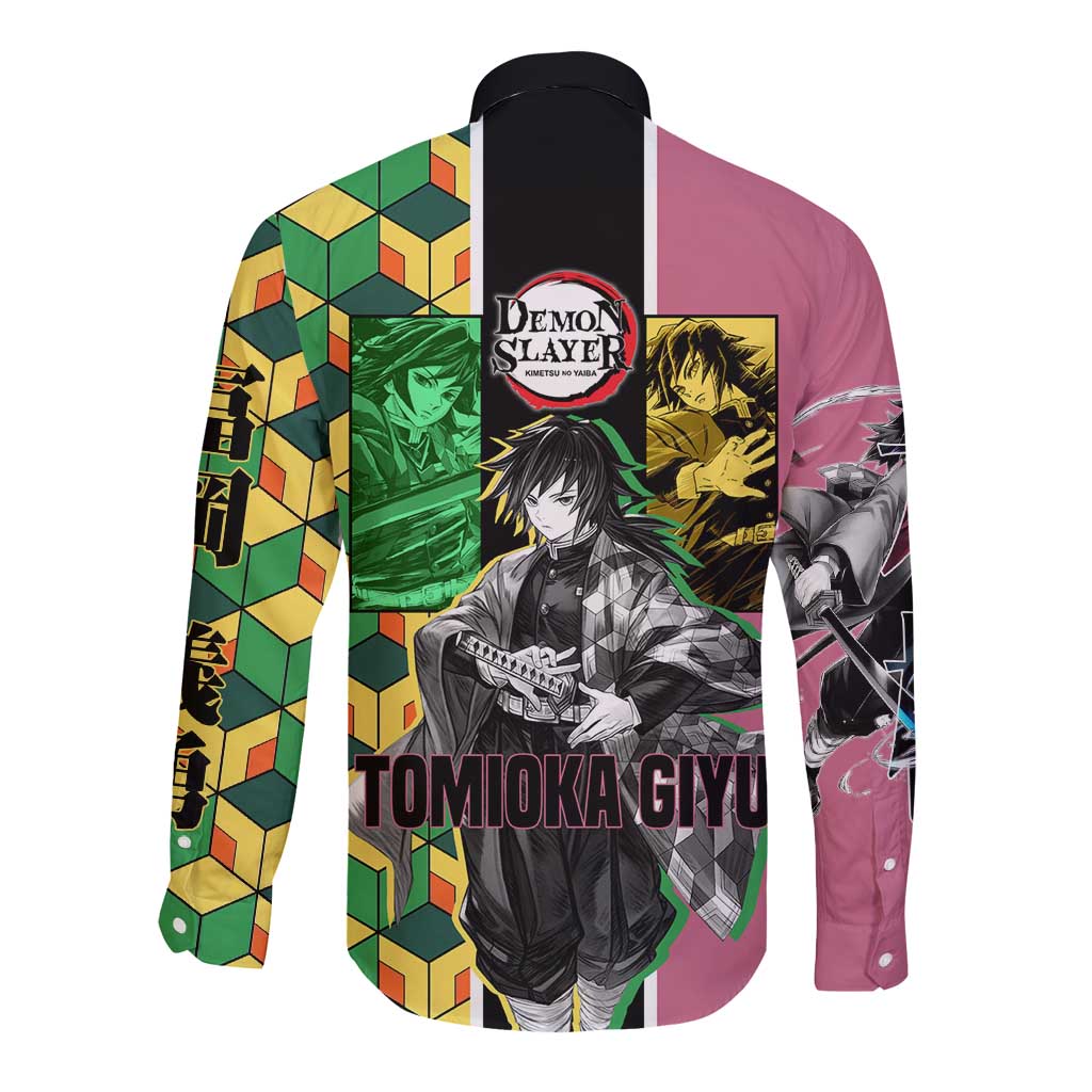 Giyu Tomioka from Demon Slayer Long Sleeve Button Shirt with Geometric Pattern Sleeve and Pink and Black Manga Panel Design - The Mazicc