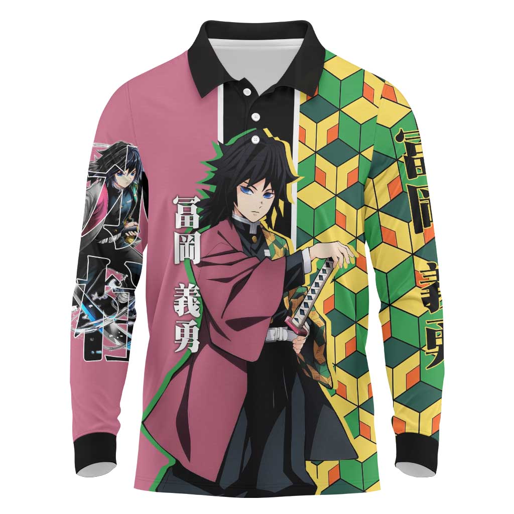 Giyu Tomioka from Demon Slayer Long Sleeve Polo Shirt with Geometric Pattern Sleeve and Pink and Black Manga Panel Design - The Mazicc