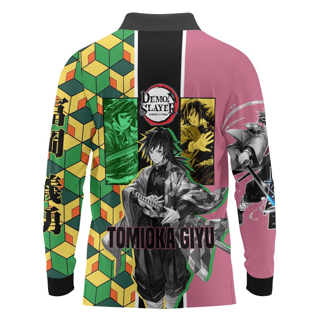 Giyu Tomioka from Demon Slayer Long Sleeve Polo Shirt with Geometric Pattern Sleeve and Pink and Black Manga Panel Design - The Mazicc