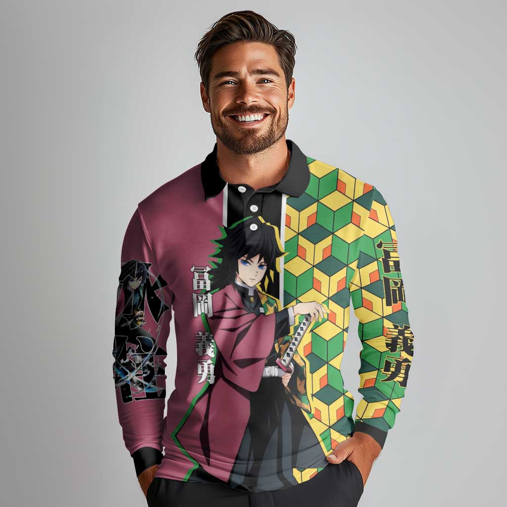 Giyu Tomioka from Demon Slayer Long Sleeve Polo Shirt with Geometric Pattern Sleeve and Pink and Black Manga Panel Design - The Mazicc