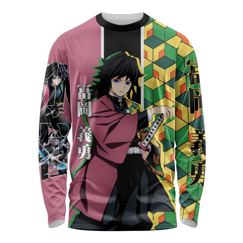Giyu Tomioka from Demon Slayer Long Sleeve Shirt with Geometric Pattern Sleeve and Pink and Black Manga Panel Design - The Mazicc