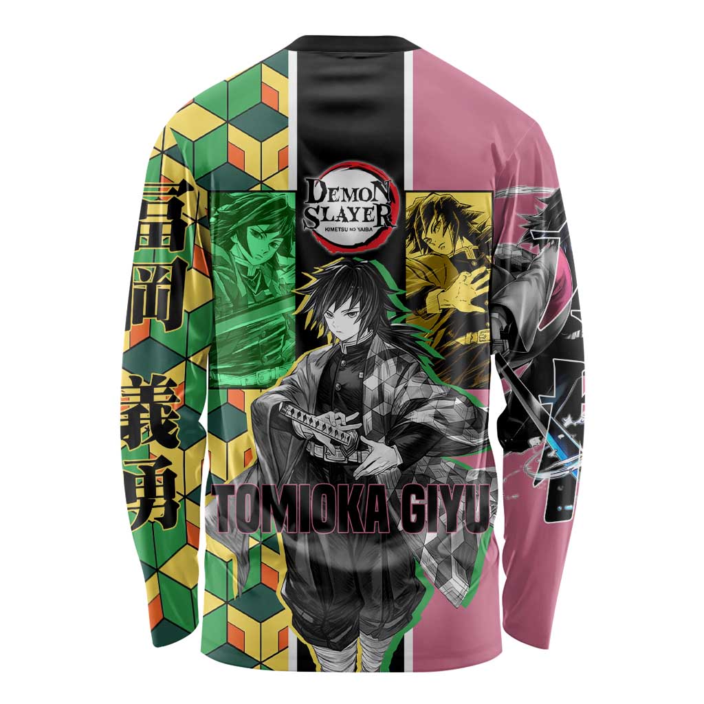 Giyu Tomioka from Demon Slayer Long Sleeve Shirt with Geometric Pattern Sleeve and Pink and Black Manga Panel Design - The Mazicc