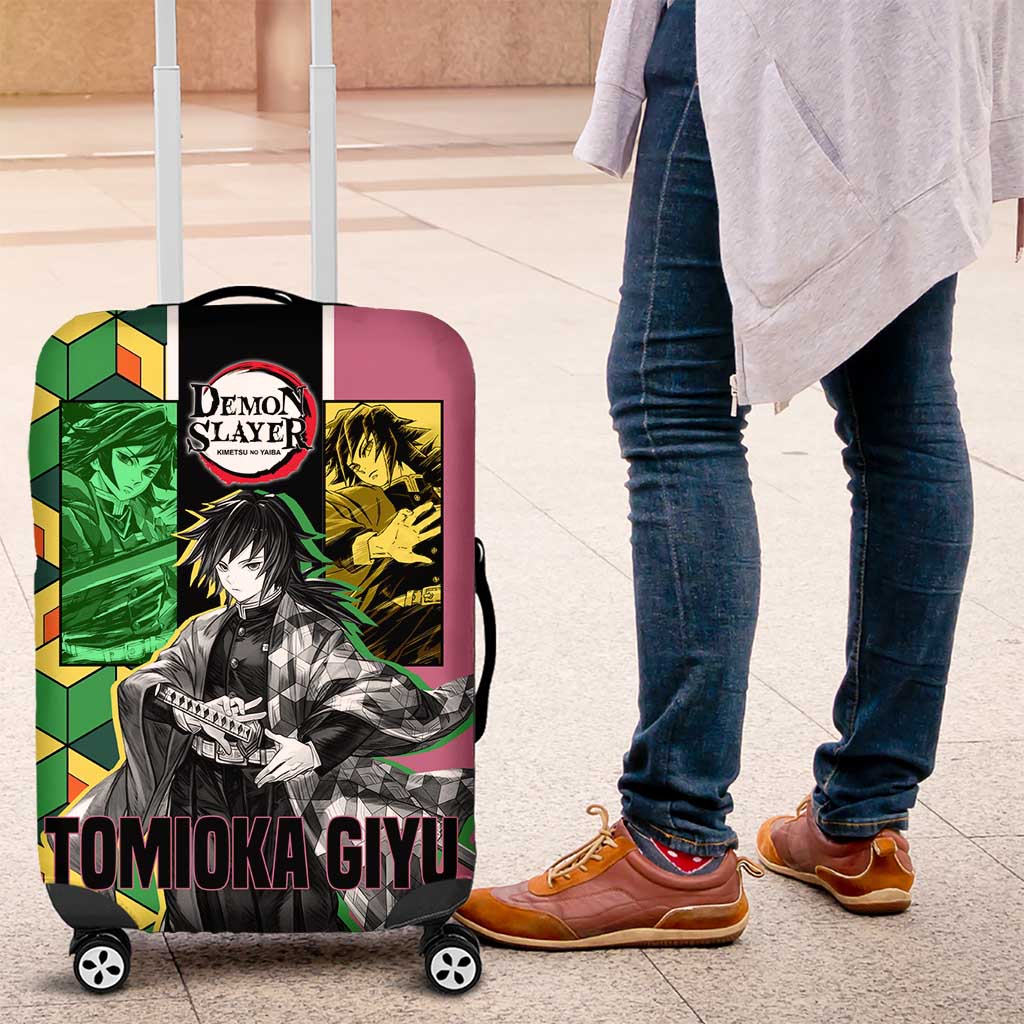 Giyu Tomioka from Demon Slayer Luggage Cover with Geometric Pattern Sleeve and Pink and Black Manga Panel Design - The Mazicc