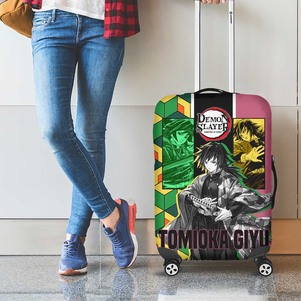 Giyu Tomioka from Demon Slayer Luggage Cover with Geometric Pattern Sleeve and Pink and Black Manga Panel Design - The Mazicc