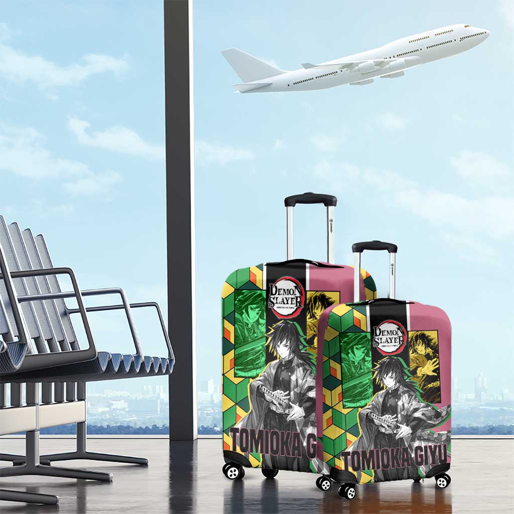 Giyu Tomioka from Demon Slayer Luggage Cover with Geometric Pattern Sleeve and Pink and Black Manga Panel Design - The Mazicc