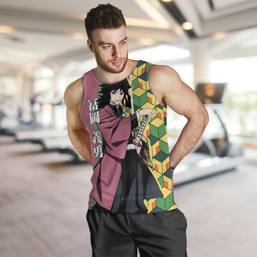 Giyu Tomioka from Demon Slayer Men Tank Top with Geometric Pattern Sleeve and Pink and Black Manga Panel Design - The Mazicc
