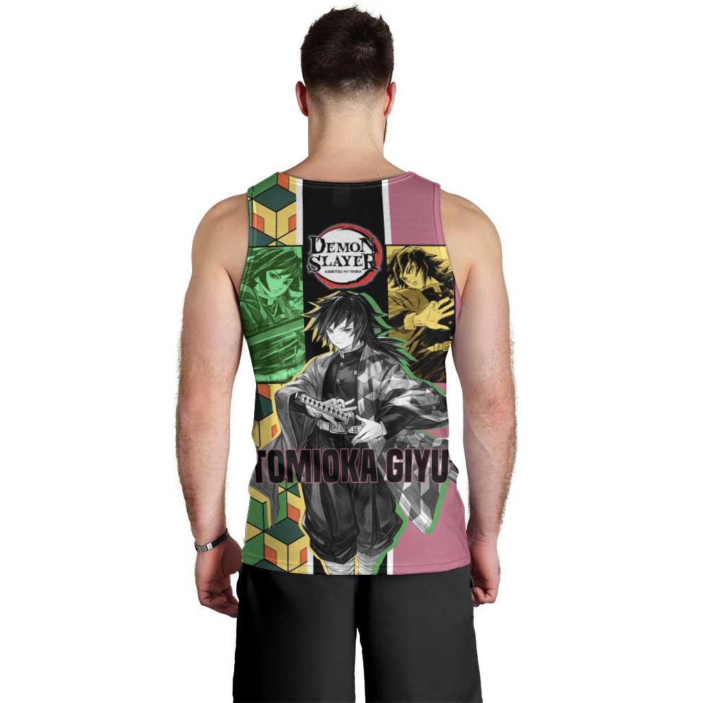 Giyu Tomioka from Demon Slayer Men Tank Top with Geometric Pattern Sleeve and Pink and Black Manga Panel Design - The Mazicc