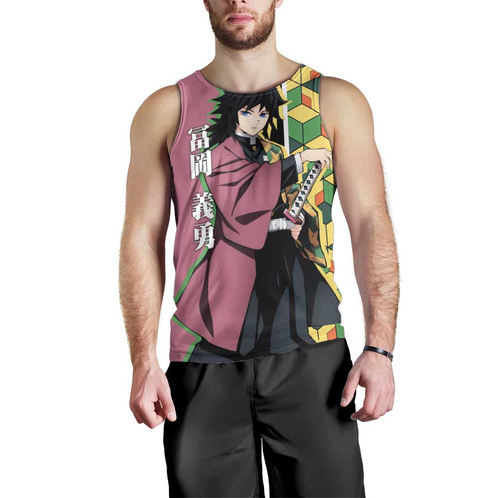 Giyu Tomioka from Demon Slayer Men Tank Top with Geometric Pattern Sleeve and Pink and Black Manga Panel Design - The Mazicc