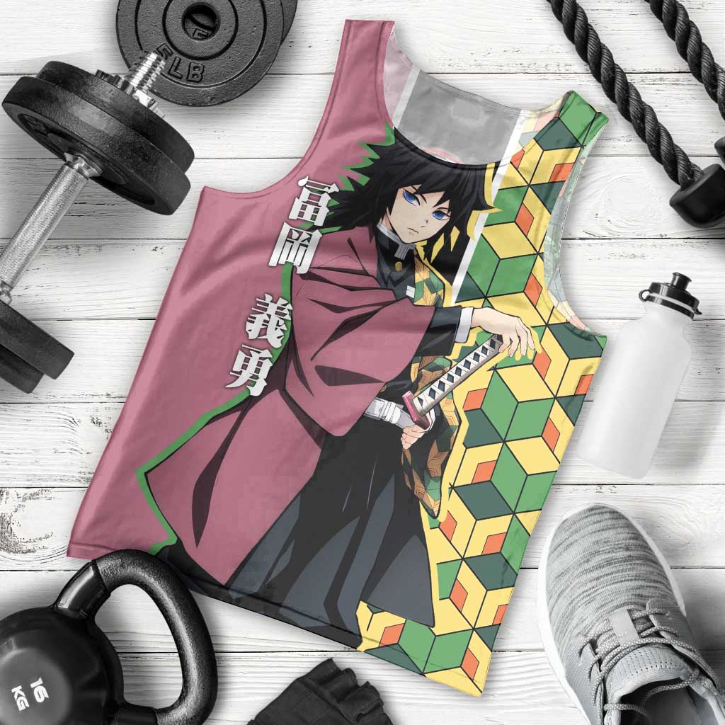 Giyu Tomioka from Demon Slayer Men Tank Top with Geometric Pattern Sleeve and Pink and Black Manga Panel Design - The Mazicc